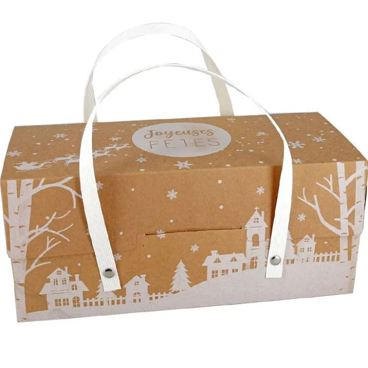 Boîte à bûche à poignées kraft décor village 25 x 11 x 11 cm-Cerf Dellier Clearance