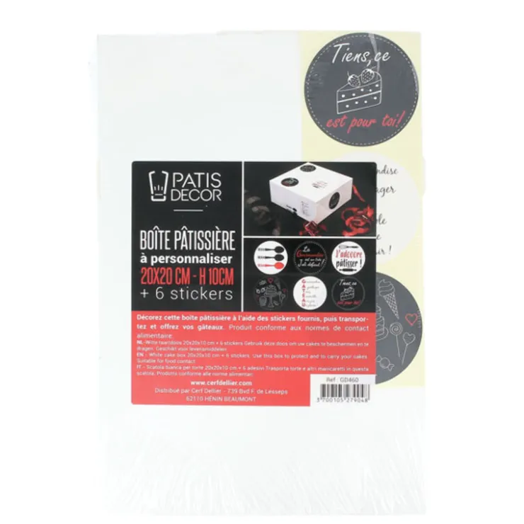 Boîte pâtissière carrée à personnaliser avec stickers 20 x 20 x 10 cm-Cerf Dellier Outlet
