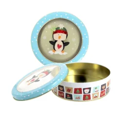 Boîte ronde à biscuits de Noël pingouin en métal - Ø 17,5 cm-Cerf Dellier Outlet