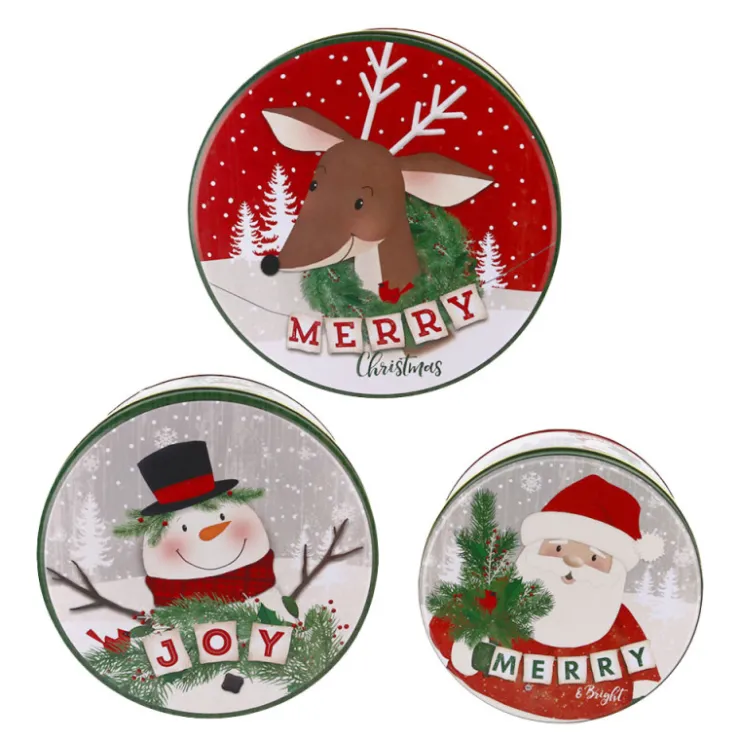 Boîtes à biscuits de Noël rondes x 3 motifs assortis-Cerf Dellier Online