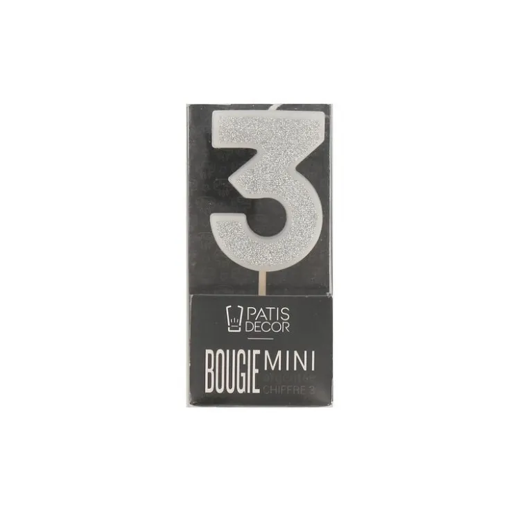 Bougie argentée pailletée chiffre 3-Cerf Dellier