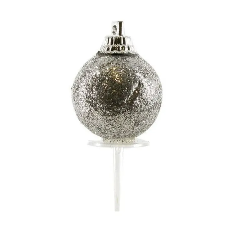Boules de Noël argentées paillettes sur pique (x50)-Cerf Dellier New
