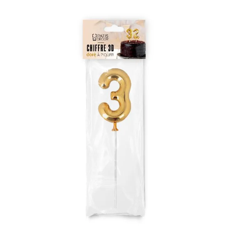 Chiffre 3D 3 doré sur pique-Cerf Dellier New