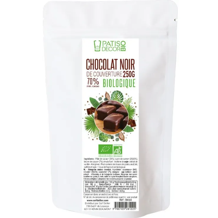 Chocolat Noir Bio de Couverture 71 % 250 g - DDM 07/24-Cerf Dellier Discount