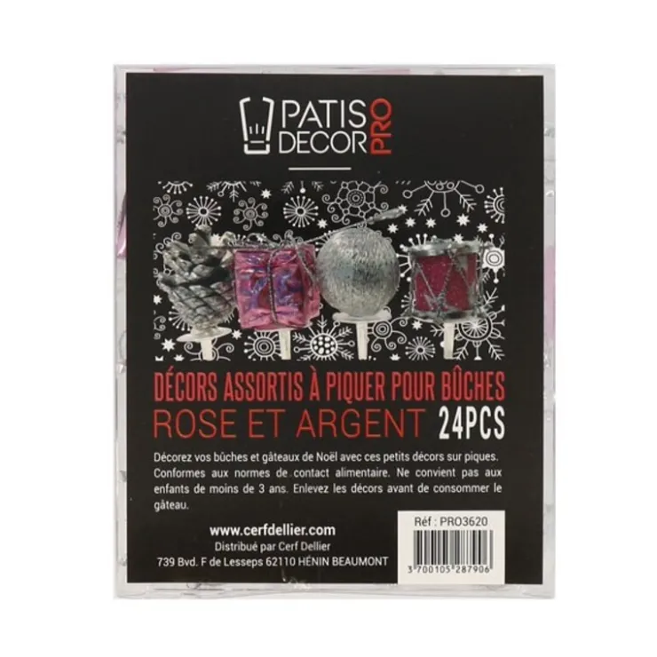 Décors assortis rose argent à piquer sur bûches (x24)-Cerf Dellier Hot