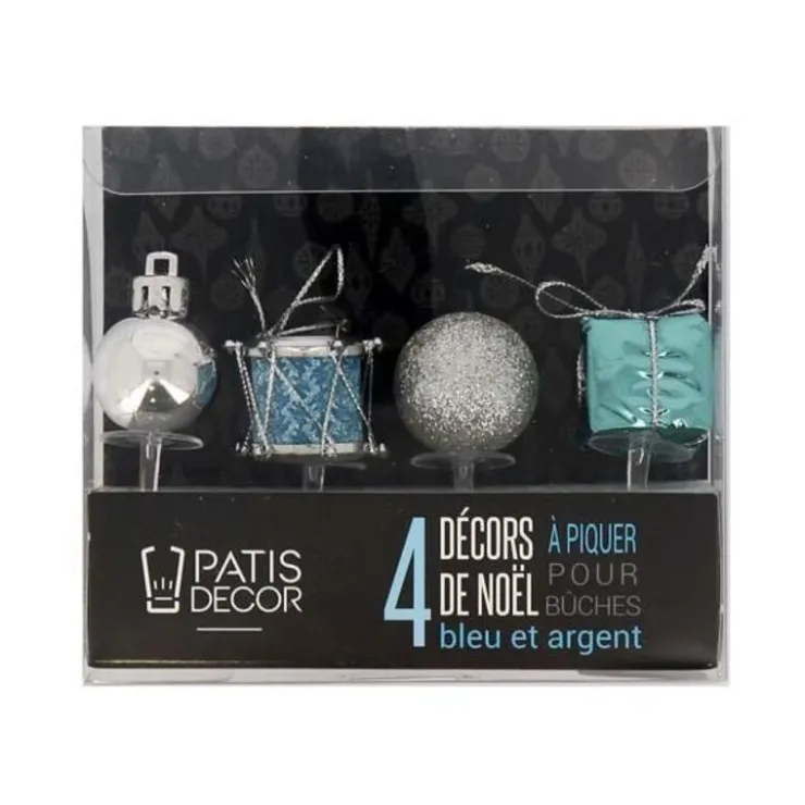 Décors de Noël assortis bleu argent sur pique (x4)-Cerf Dellier Best