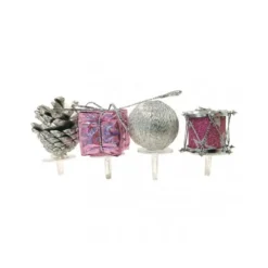 Décors de Noël assortis rose argent sur pique (x4)-Cerf Dellier Hot
