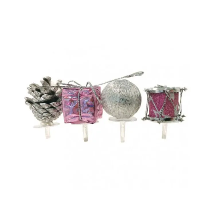 Décors de Noël assortis rose argent sur pique (x4)-Cerf Dellier Hot