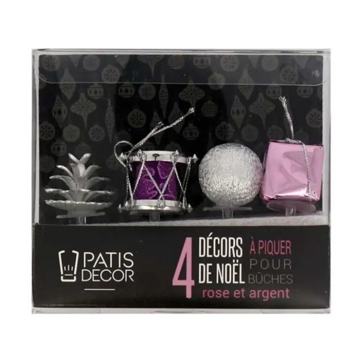 Décors de Noël assortis rose argent sur pique (x4)-Cerf Dellier Hot
