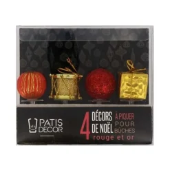 Décors de Noël assortis rouge doré sur pique (x4)-Cerf Dellier New