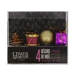 Décors de Noël assortis violet doré sur pique (x4)-Cerf Dellier Clearance