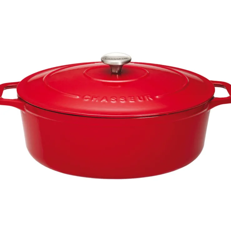 Le Chasseur cocotte ovale avec couvercle rouge 31 x 26 cm-Cerf Dellier