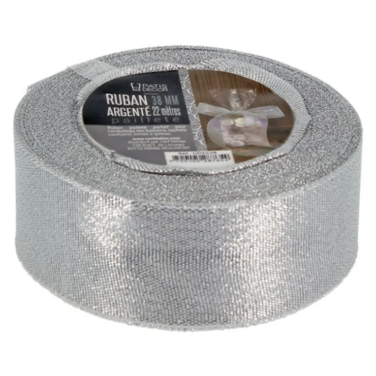 Ruban argenté pailleté 38 mm (22 m)-Cerf Dellier Best